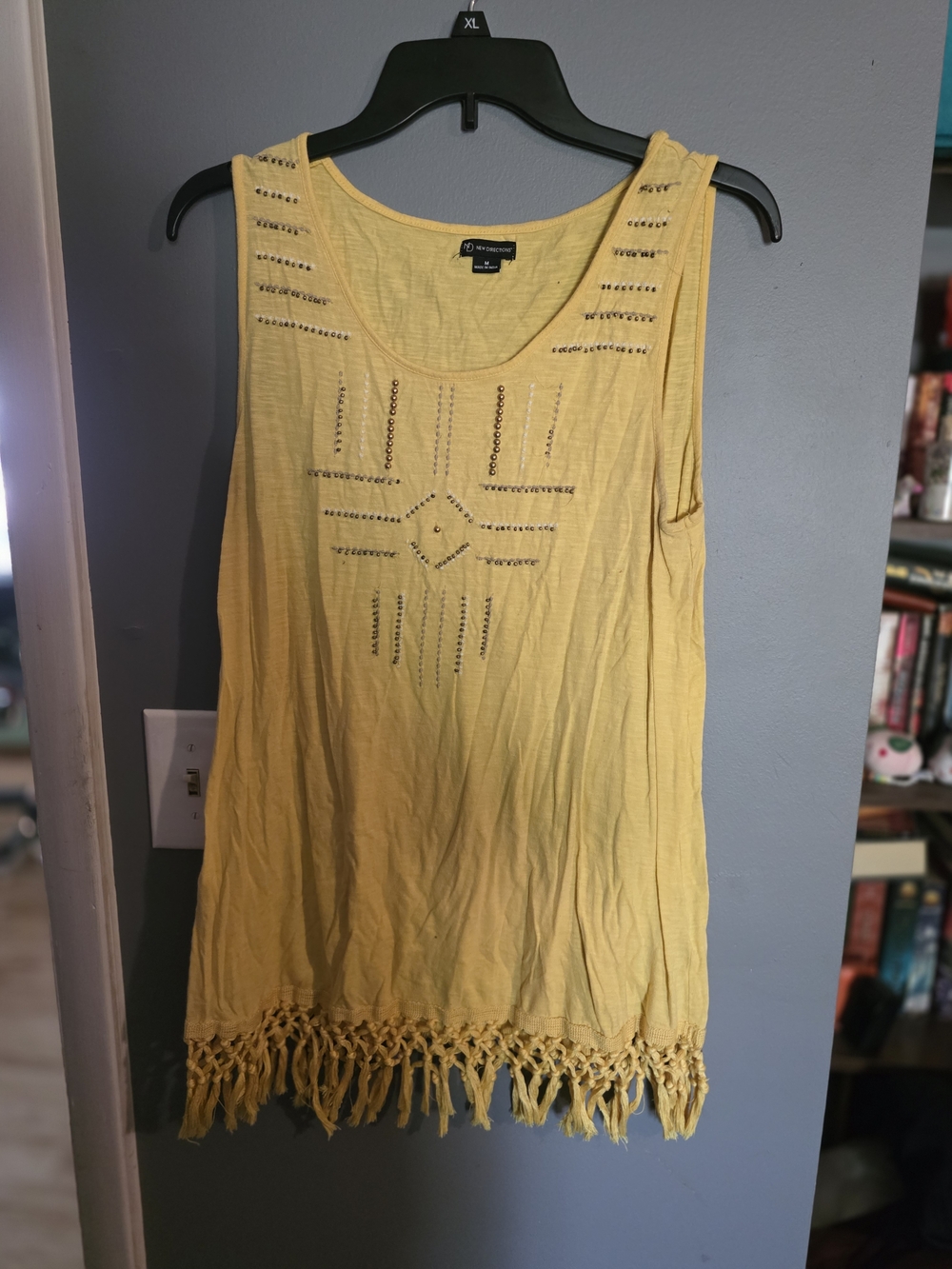 new directions Yellow Sleeveless Fringe Tank with Stud Detail